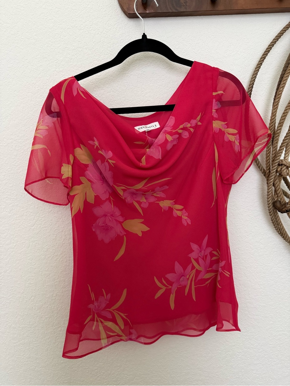 Studio I Hot Pink Floral Sheer Cowl Neck Blouse